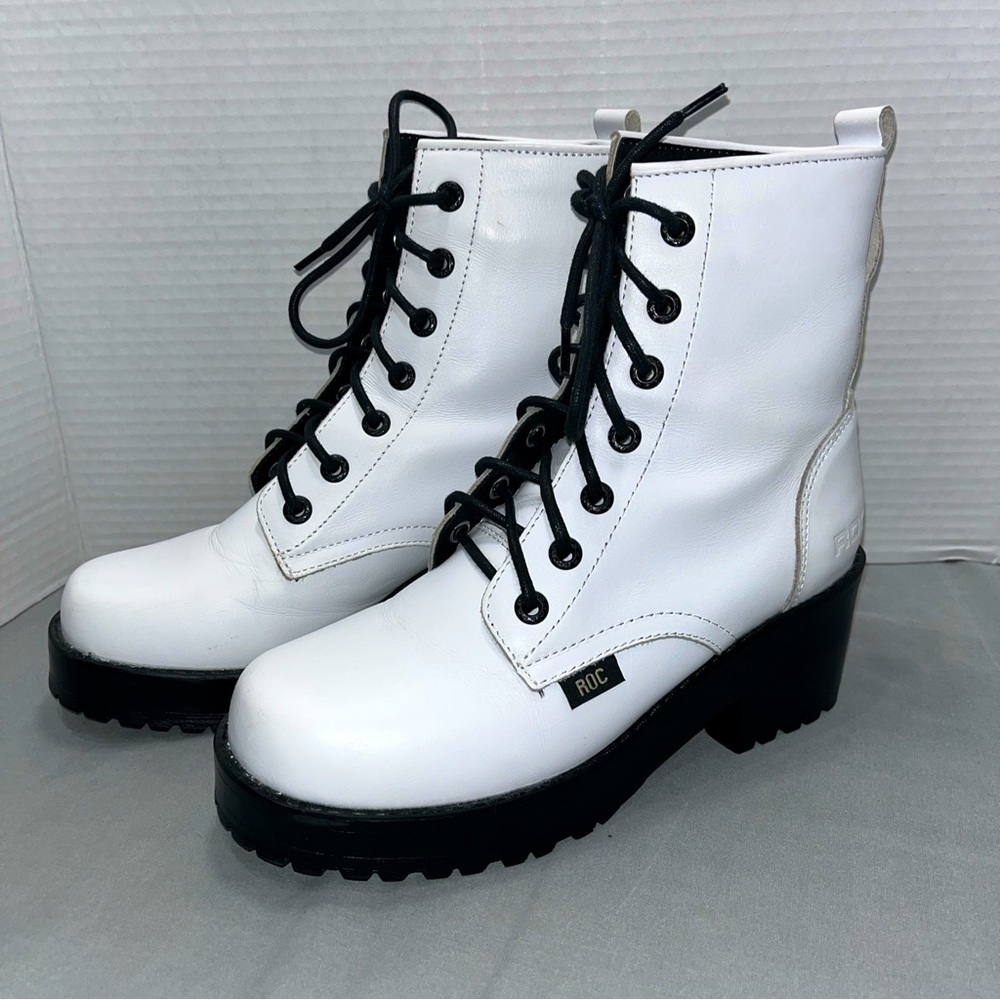 ROC Womens Chisel White Leather Lace Up Ankle Platform Booties Size US 7.5/EU 38